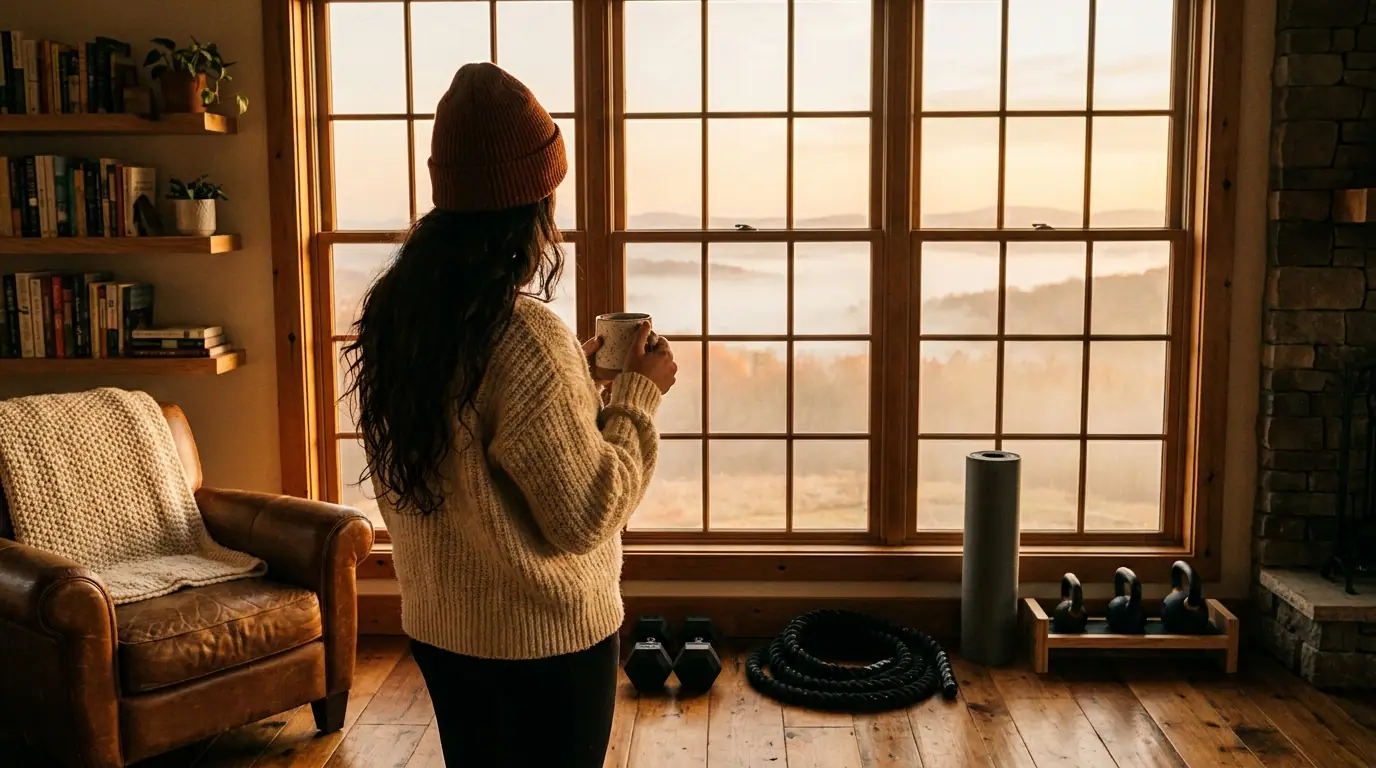A woman standing in stillness at the edge of a dark room as sunrise creeps in